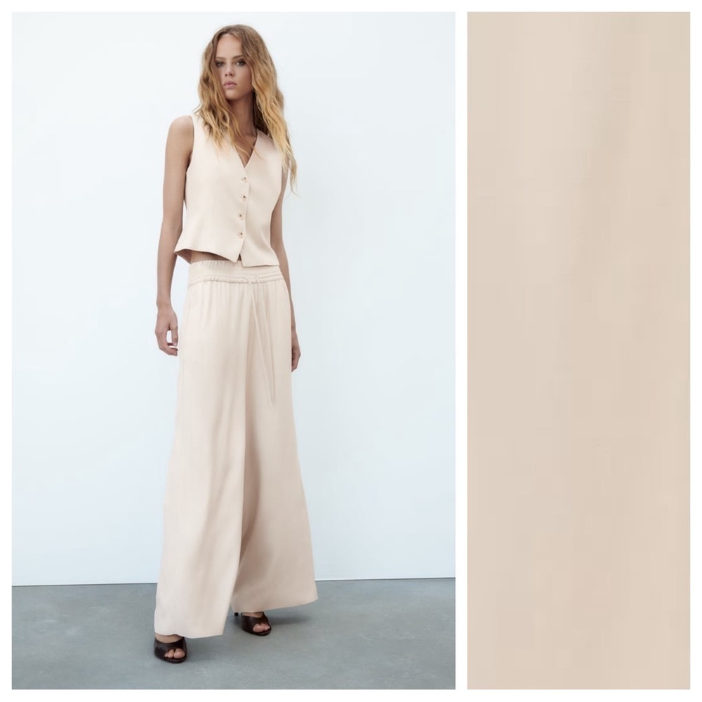 NWT. Zara Beige Viscose Wide-Leg Flowing High-Waist Trousers. Size L. - Picture 2 of 11